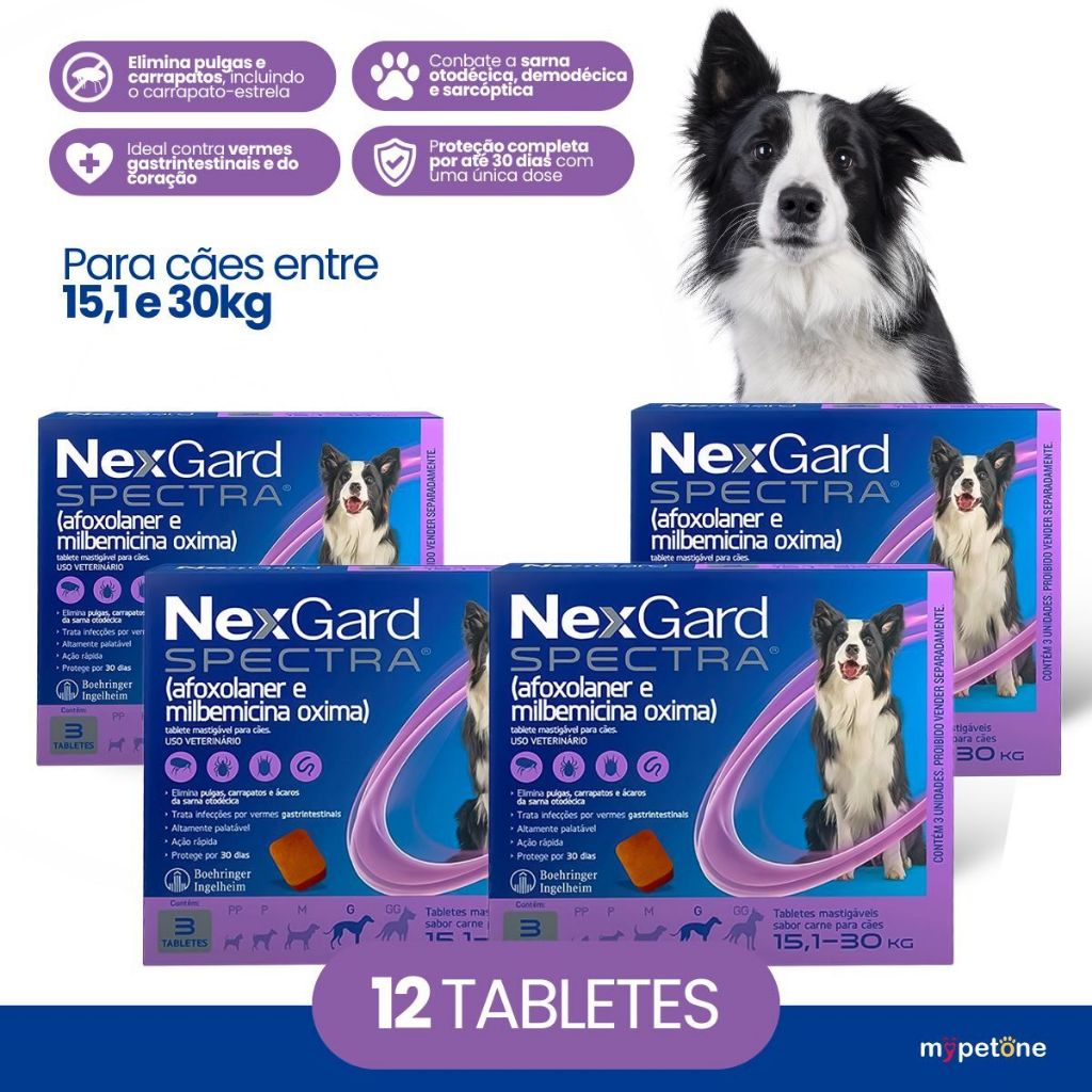 Kit 4 NexGard Spectra para Cães 15,1 a 30kg - 3 Tabletes