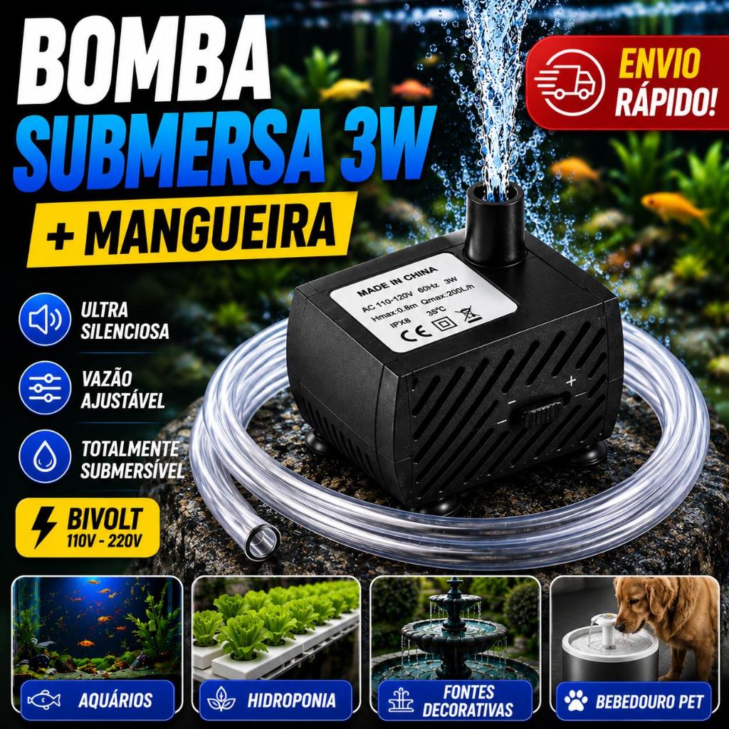Bomba Submersa 3W Bivolt com Mangueira Bomba de Água Aquário Fonte Bebedouro Pet Silenciosa