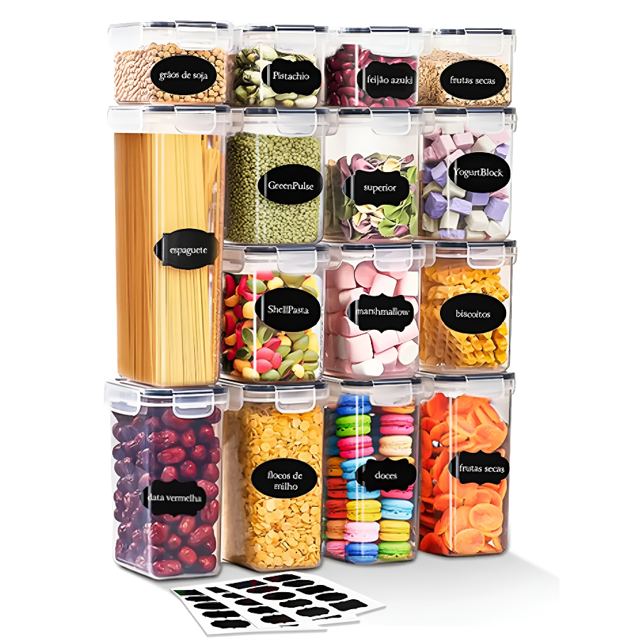 Kit 15 Potes Herméticos Acrilico Organizador Mantimentos Transparente Com Trava BPA Free Cozinha
