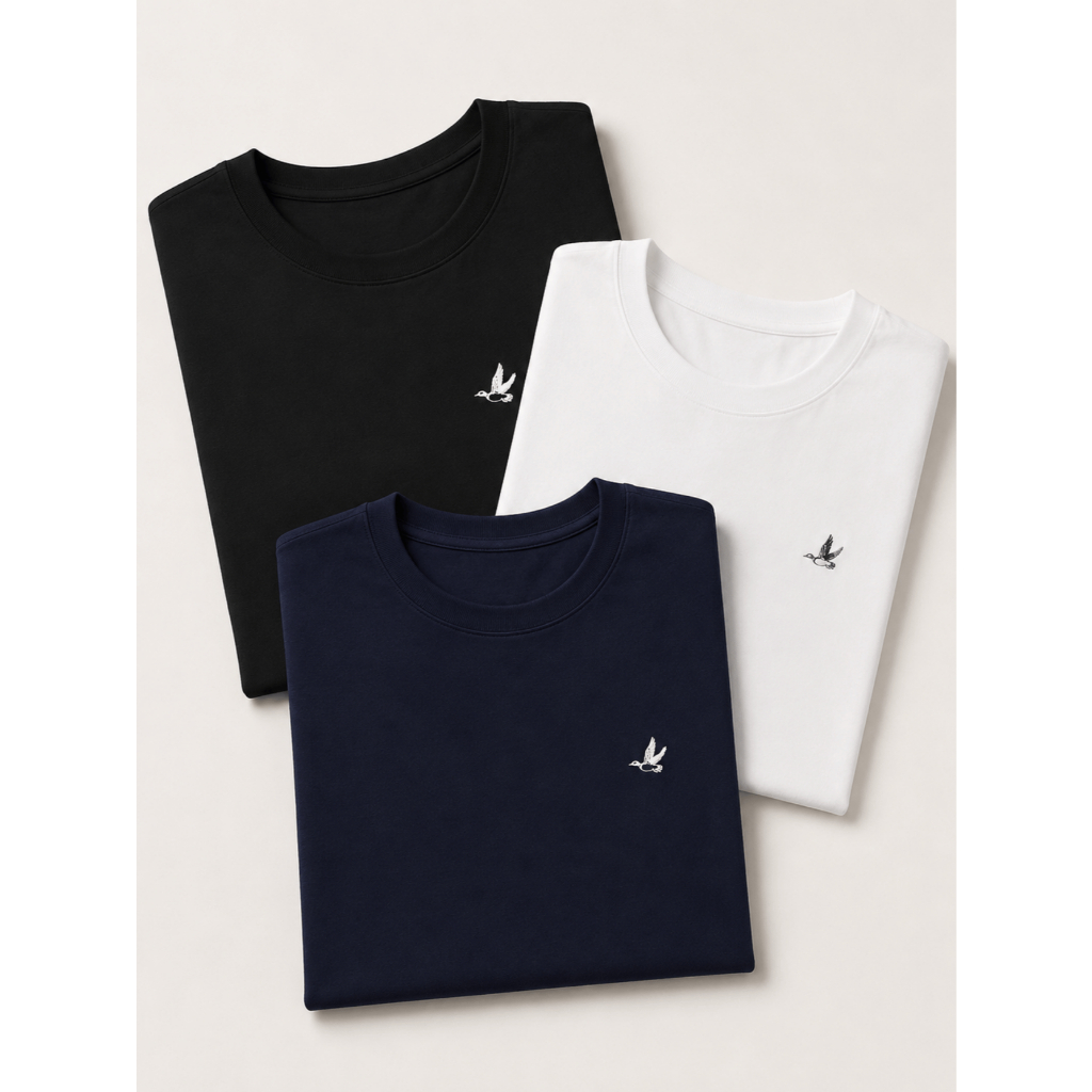 Kit 3 Camisetas Masculinas Algodão 30.1 Preta Branca e Azul-Marinho Gola Redonda Casual Premium