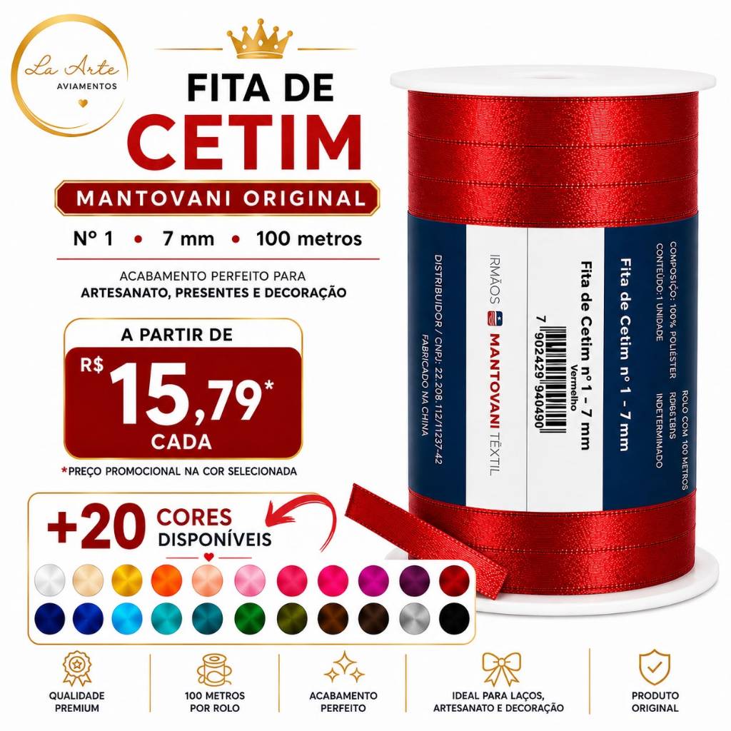 Fita de Cetim n1 7mm Rolo 100 Metros 20 Cores para Laços e Artesanato