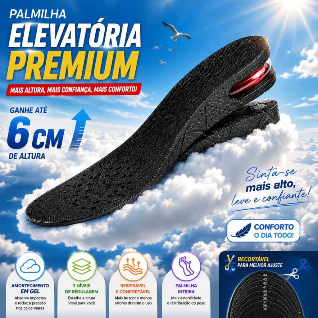 Palmilha Elevada Anti-impacto Salto Almofada Conforto Aumento de Altura Air de 3cm a 6cm