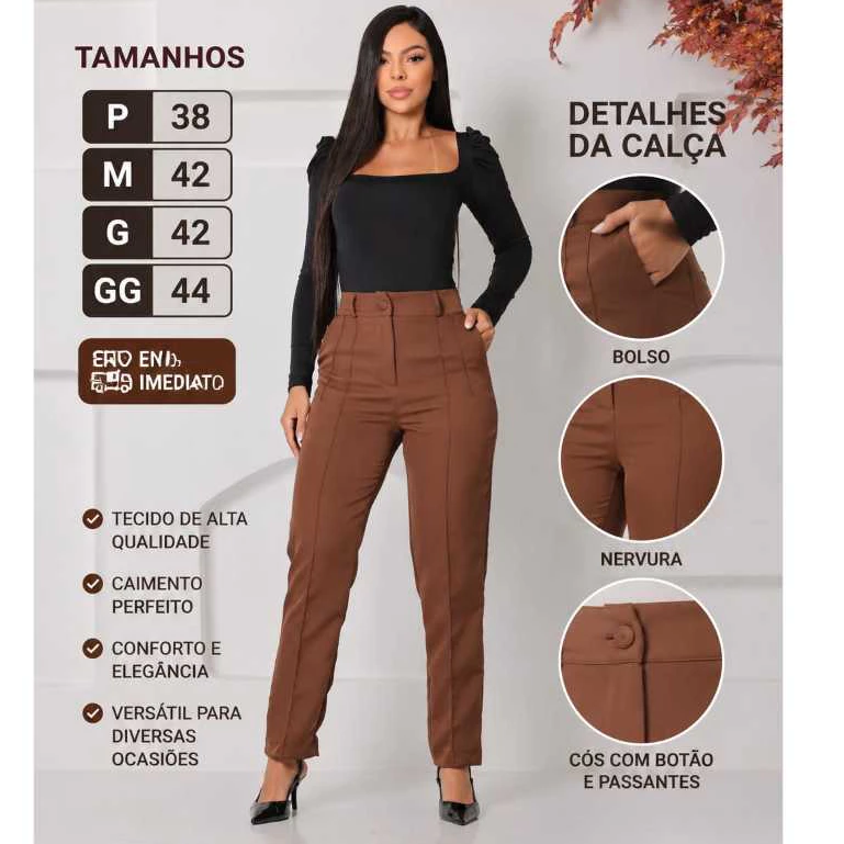 Calça Alfaiataria Social Casual Feminina Bolsos  Botão Forrado Elegante Cintura Alta Confortável — imagem 1