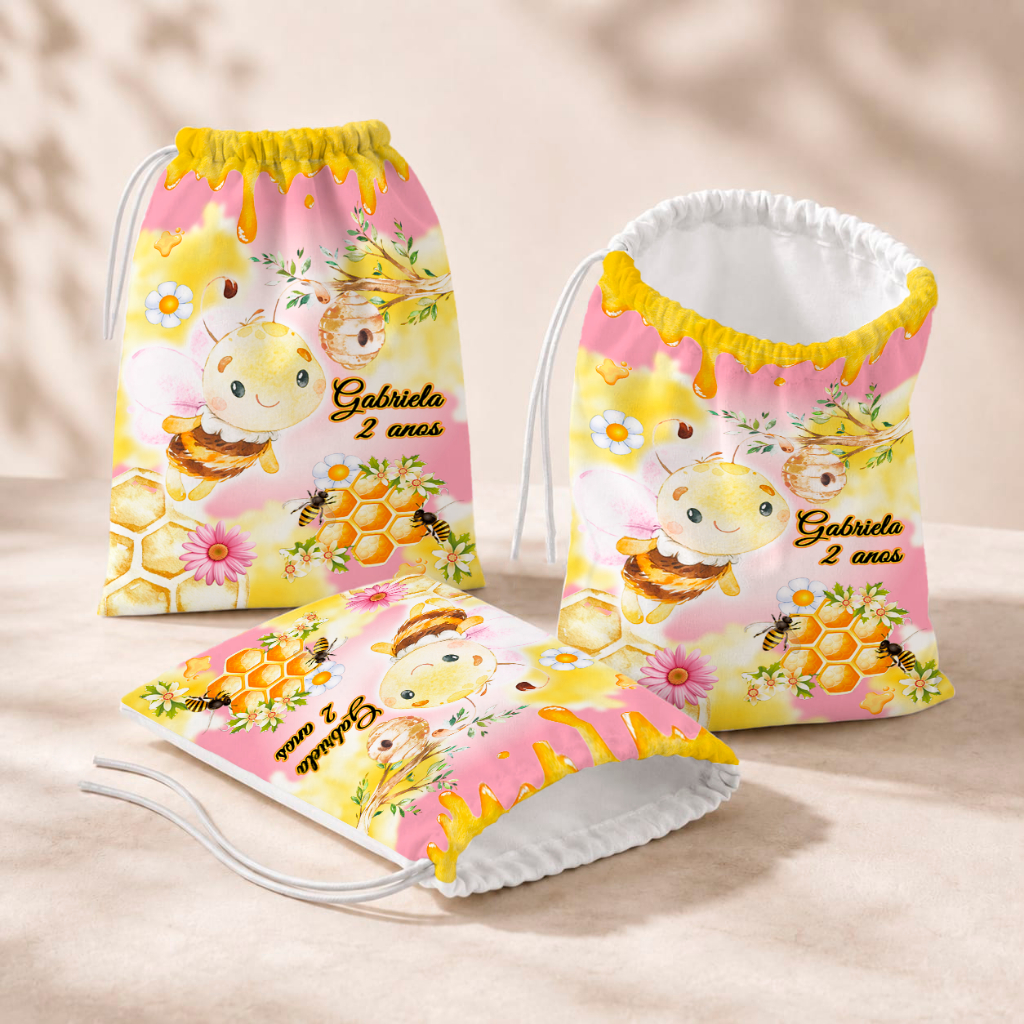 20 Sacolinhas Personalizada Festa Infantil 18x26 Aniversário Lembrancinha Abelha Abelhinha Aquarela Rosa