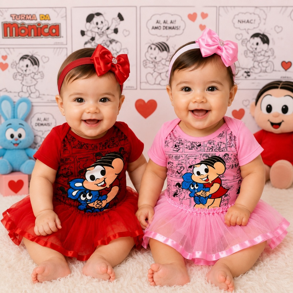 Promoção Body Bebê Turma da Mônica Rosa e Vermelho com Saia Tule Envio Rápido