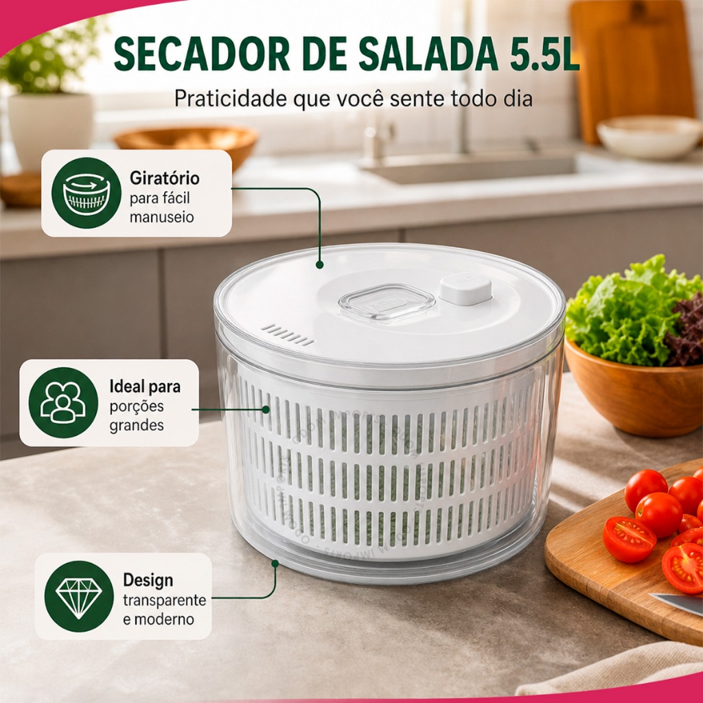 Secador de Salada 5,5L Organizador Centrifuga Geladeira Manual Folhas Giratório Acrílico Alface