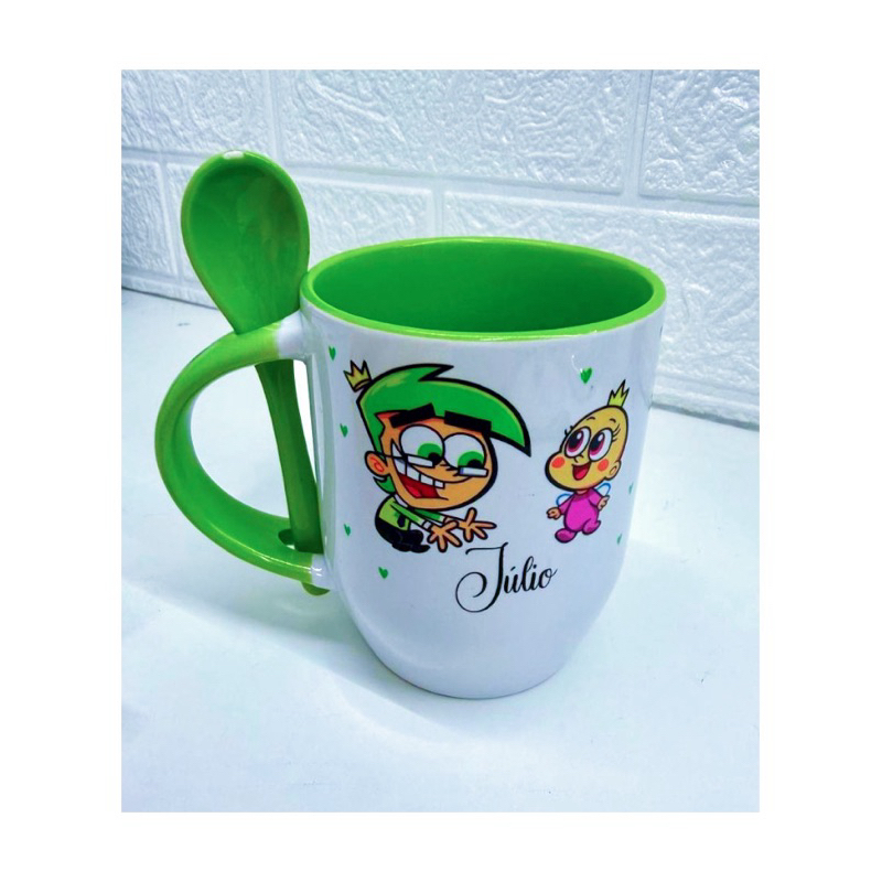 Caneca com Colher padrinhos Personalizada – Tema Padrinhos Mágicos | Nome Personalizado