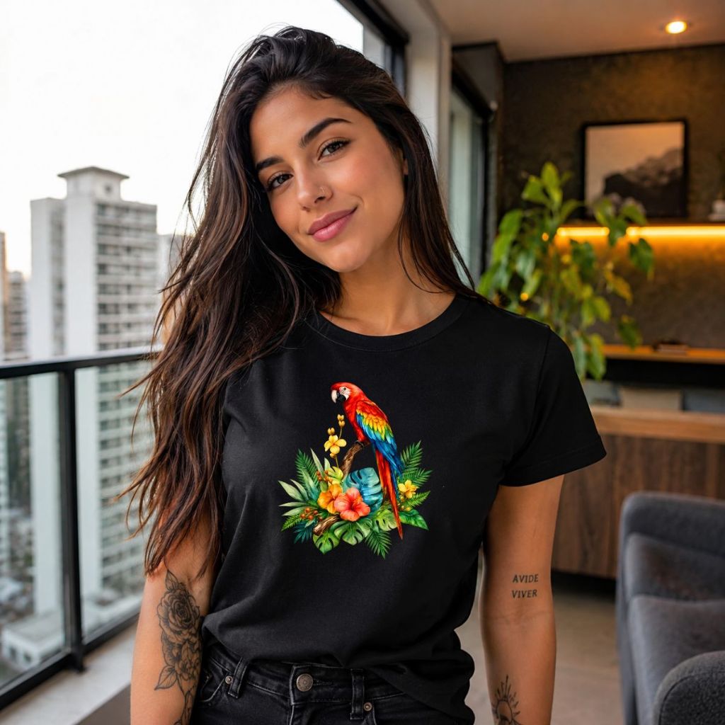 Camiseta Feminina Arara Tropical Colorida 100% Algodão Estampa Exclusiva Casual Premium Confortável Envio Imediato
