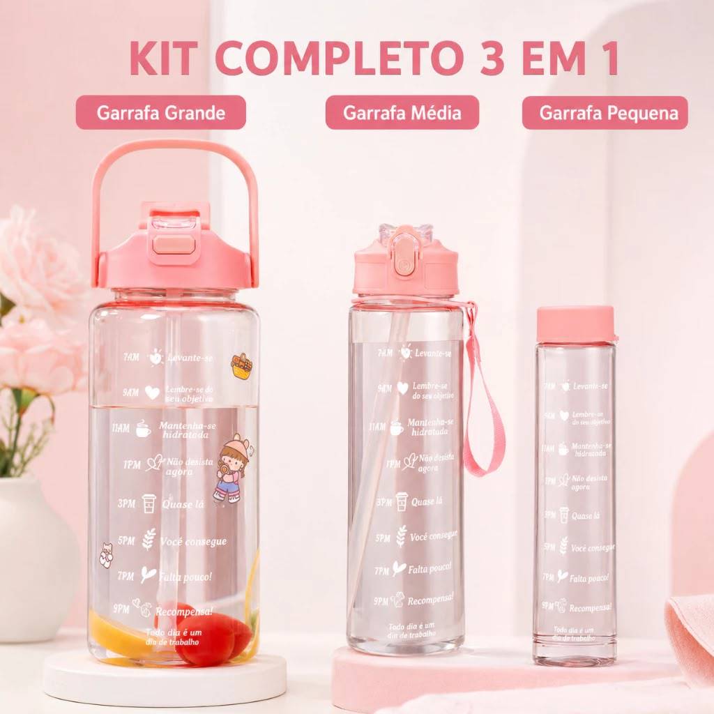 Kit c/3 Garrafas De Água Degradê Com 2Litros, 900ml e 300ml ENVIADO COM A COR DISPONÍVEL EM ESTOQUE