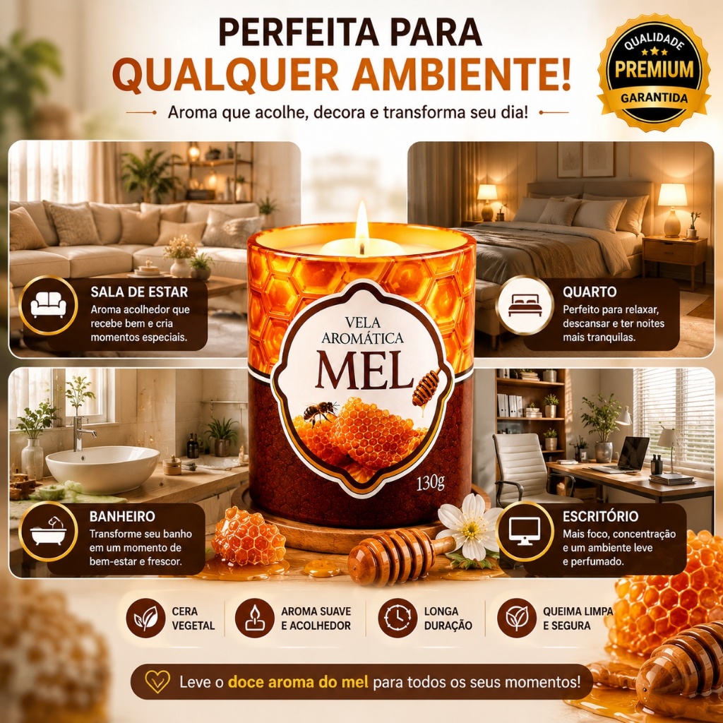Vela Aromática Mel 130g Perfumada Cera Vegetal Longa Duração — imagem 2 de 2