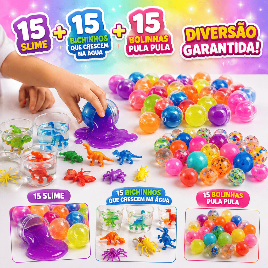 15 Bicho Que Cresce Na Agua + 15 Geleca Slime + 15 Bolinha 27mm Kit Festa Aniversario Quermesse novo