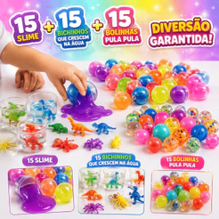 15 Bicho Que Cresce Na Agua + 15 Geleca Slime + 15 Bolinha 27mm Kit Festa Aniversario Quermesse novo