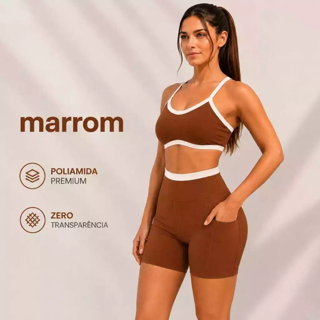 Conjunto Fitness Poliamida Premium Top Biquini e Shorts com Bolso Cós Alto Sem Transparência — imagem 1