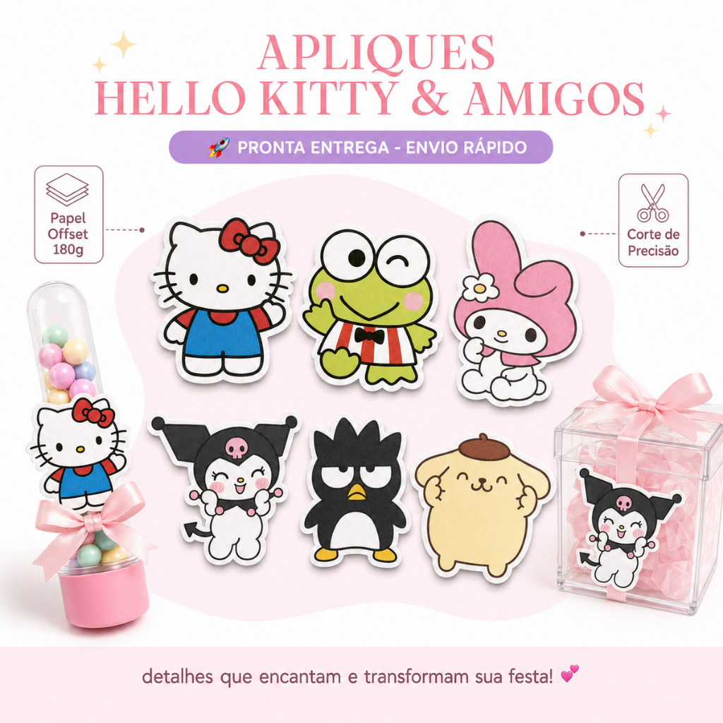 Aplique Hello Kitty 5cm Papelaria Personalizada para Lembrancinhas Tubete e Caixa Milk Festa Infantil Aniversário Cute