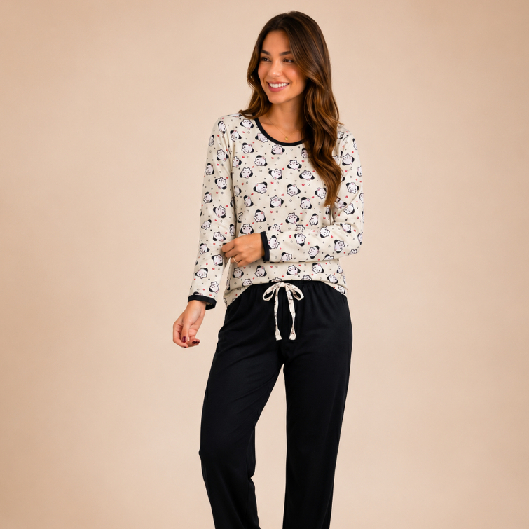 Pijama Feminino Suede Adulto Longo Inverno Manga e Calça Comprida Conforto
