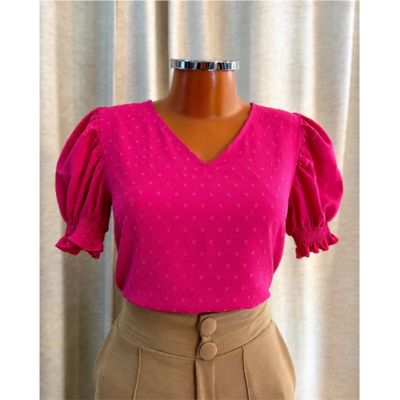 Blusa Elegante de Verão de Manga Curta para Mulher, Top de Manga Balão Casual Versátil para o Dia a Dia