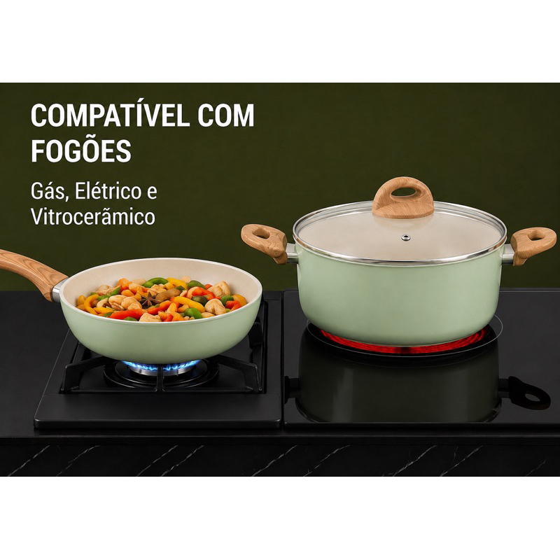 Jogo de Panelas Brinox Ceramic Life Pistache 5 Peças Panelas de Cerâmica Antiaderente