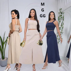 Conjunto Maravilhoso Saia Longa Com Cropped Com Bojo Tecido Marrant