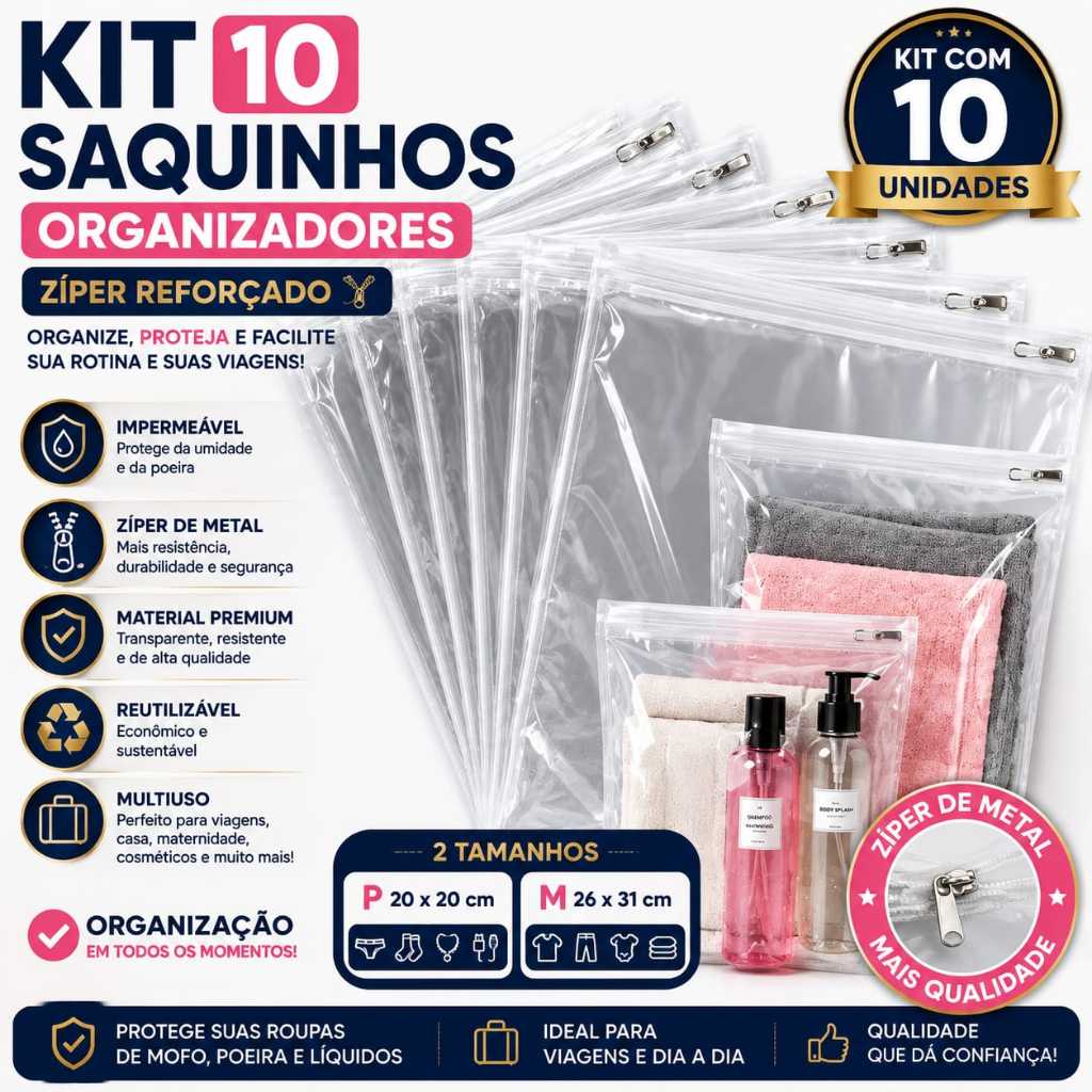Kit 10 Saquinhos Organizadores P e M Com Zíper Multiuso Envelope Maternidade/Guarda Roupas/Mala De Viagem