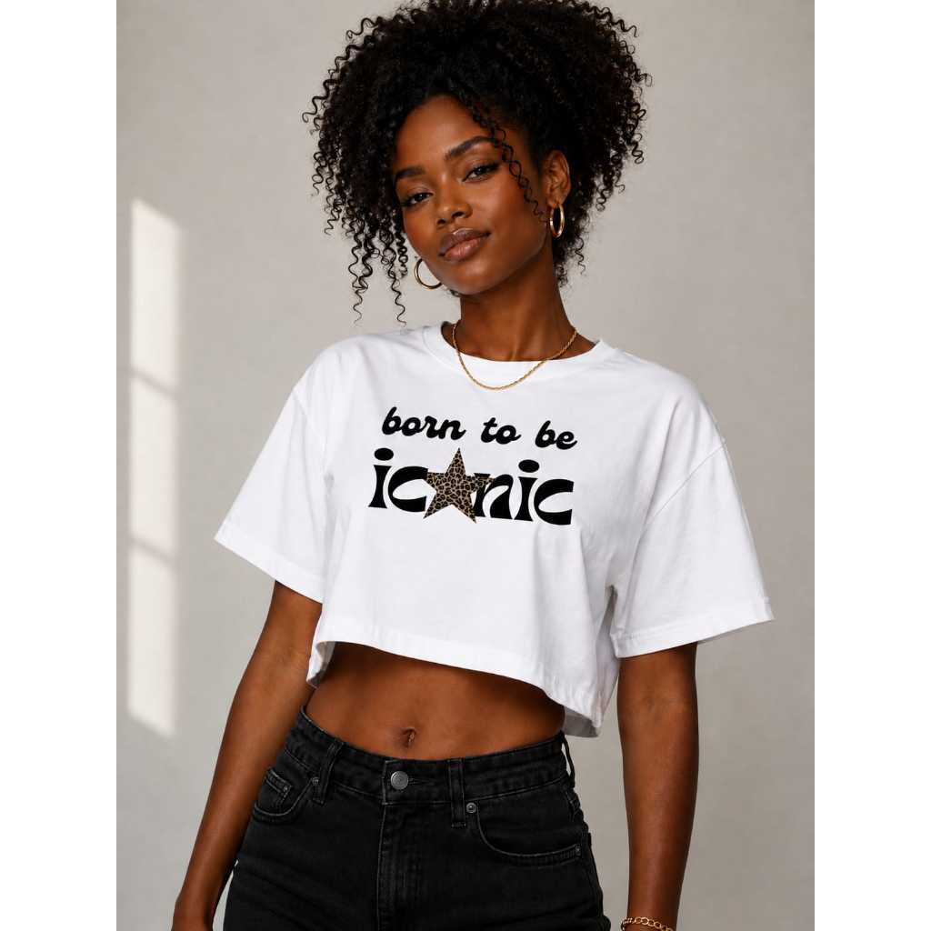Cropped Branco Feminino Estampa Iconic 100% Algodão Premium Casual Confortável Estiloso Versátil Elegante