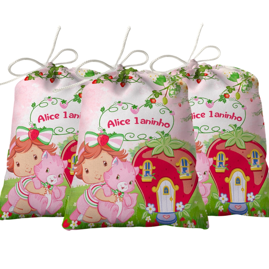 Sacolinha Lembrancinha Festa Aniversário Surpresa Tecido Personalizado Moranguinho baby
