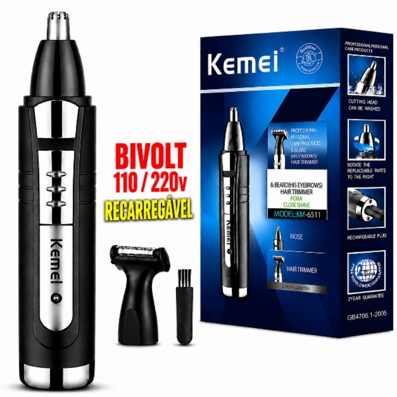 Aparador de Pelos Kemei Máquina Nariz Orelha Barba Sobrancelha Recarregável Bivolt
