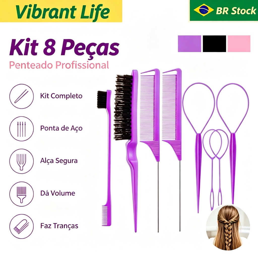 Kit 8 Peças de Escovas e Pentes para Cabelo – Conjunto Completo para Estilo e Penteado