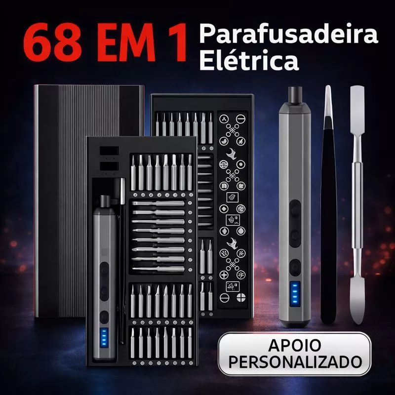 Parafusadeira Elétrica de Precisão Recarregável 68 em 1 com Ponteiras Imantadas Kit Profissional