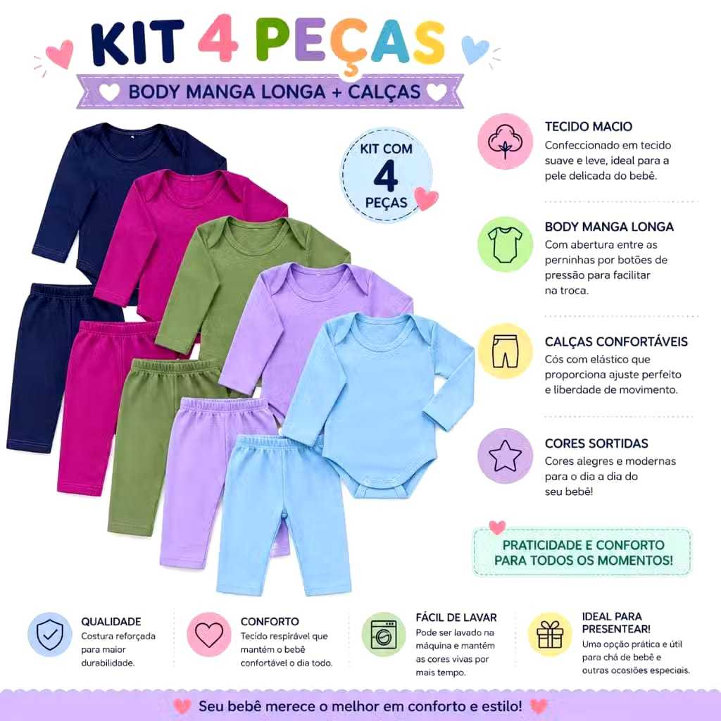 Kit 4 peças body manga longa + mijão menina e menino para bebê infantil canelado