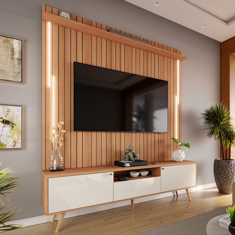 Rack Painel Sala de Estar Televisão Até 70 Polegadas Efeito Ripado 3D LED 1,83m  Movelove
