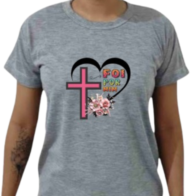 Camiseta Feminina Cristã Estampa Frase Foi Por Mim Coração Cruz Camisa Premium