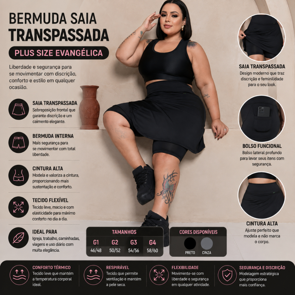 Bermuda Saia Transpassada Plus Size Evangélica Academia Moda Modesta