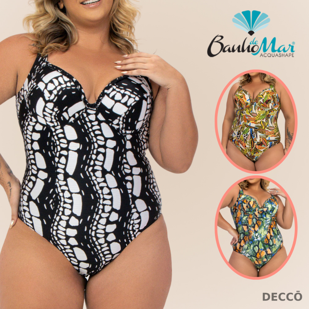 Maiô Banho de Mar com Bojo Modelo Zero Barriga Plus Size Estampado com Compressã