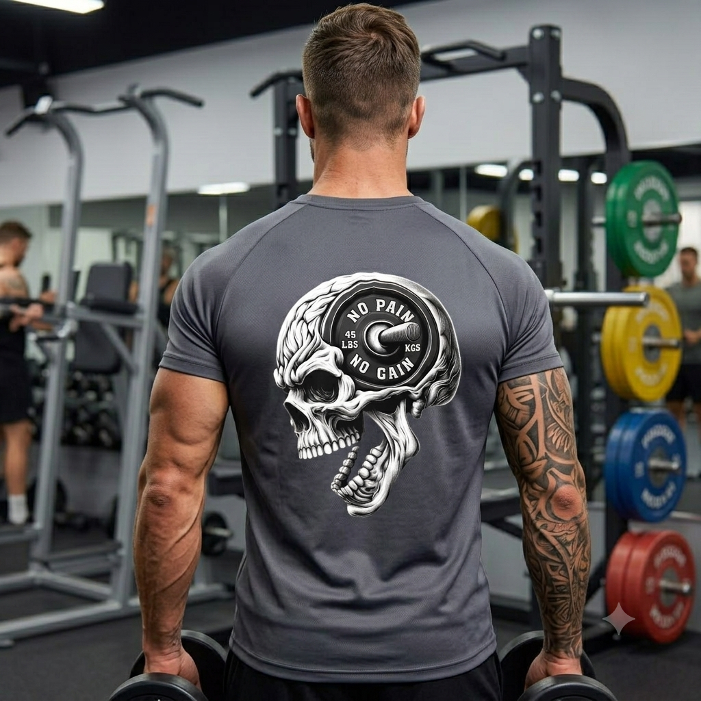 Camiseta Dry Fit Masculina Confortável Camisa Academia Treino Estampada Caveira No Pain No Gain