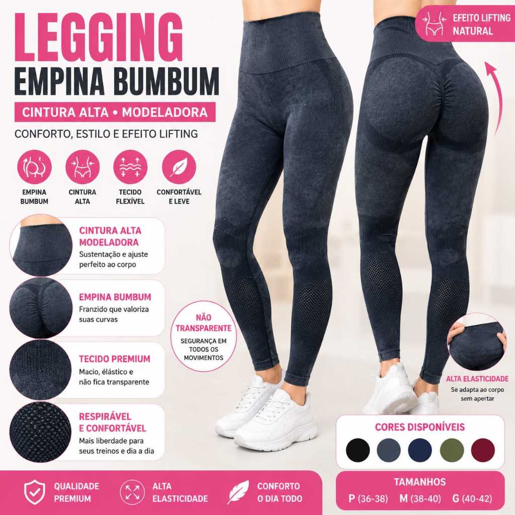 Calça Legging Fitness Feminina Cintura Alta Levanta Bumbum Recorte Lateral Academia Sem Transparência B09