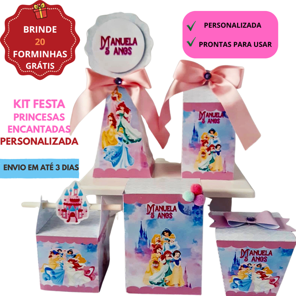 Kit Festa Princesas Encantadas Personalizada | 15 a 50 Caixas | Lembrancinhas Prontas | Aniversário Infantil + Brinde