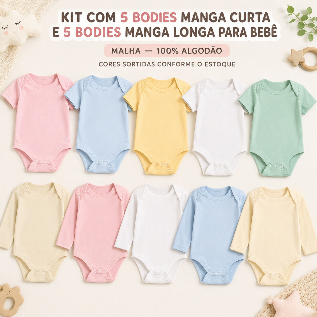 10 Unidades Body De Bebê Manga Longa e Manga Curta Infantil Cores Lisas Menino Menina