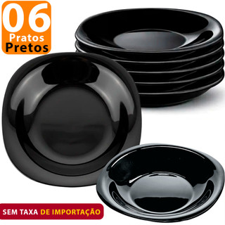 Jogo 6 Pratos fundo sopa quadrado preto Opaline liso vidro temperado black cozinha hotel