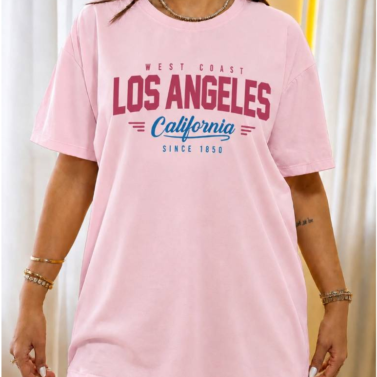 Camiseta Rosa Bebê  Feminina Despojada Estampada Los Angeles California Estilosa  – Do P ao GG |  Confortável Algodão