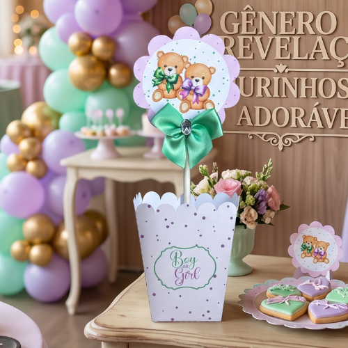 Centros de mesa Cachepot Chá Revelação Ursinho Verde e Lilás - Papelaria Personalizada