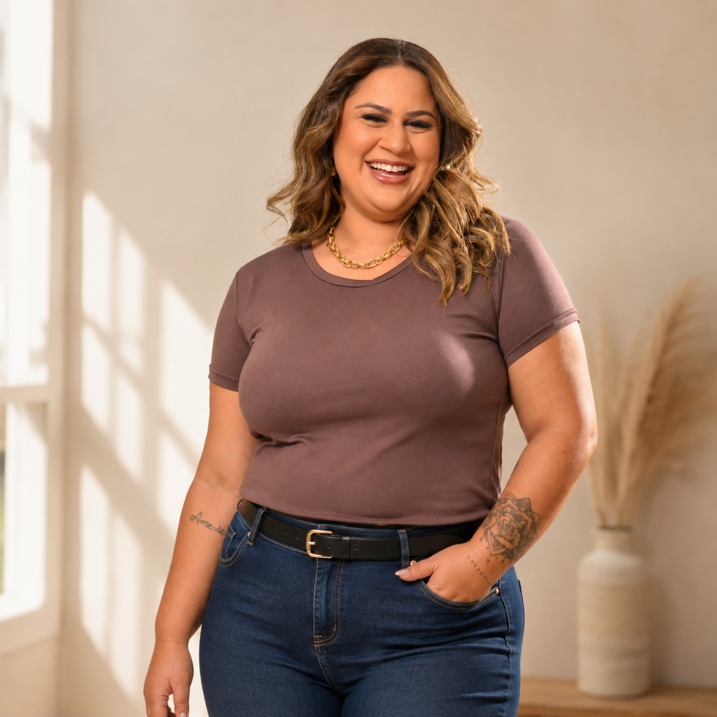 Blusa Feminina Plus Size Manga Curta Malha Suede Versátil Confortável Básica Elegante Moda Estilosa