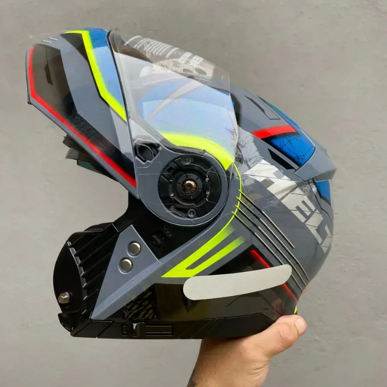 Capacete Escamoteável Helt Power Cinza Azul Brilhante Tam56 Com Óculos Interno Fumê