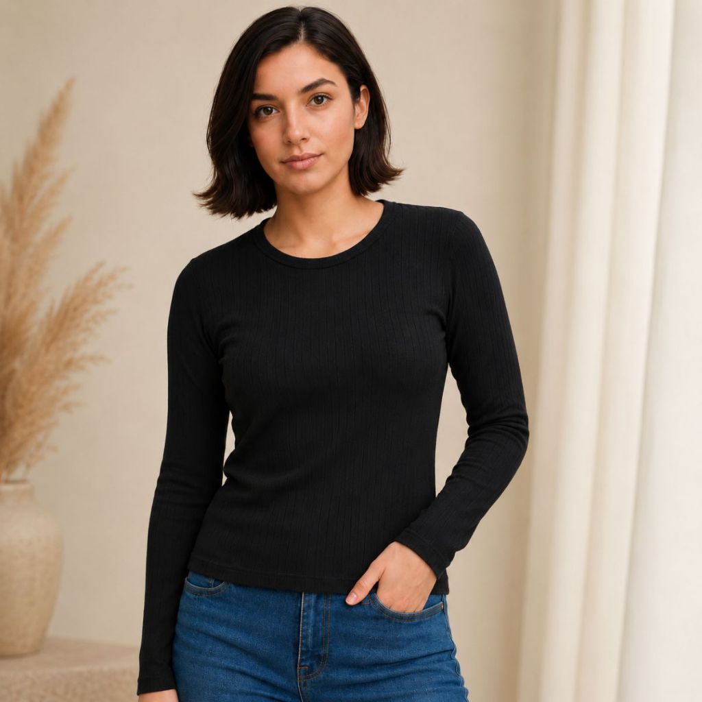 Blusa Feminina Manga Longa Canelada Básica Casual Lisa Gola Redonda Confortável Moda Outono Inverno