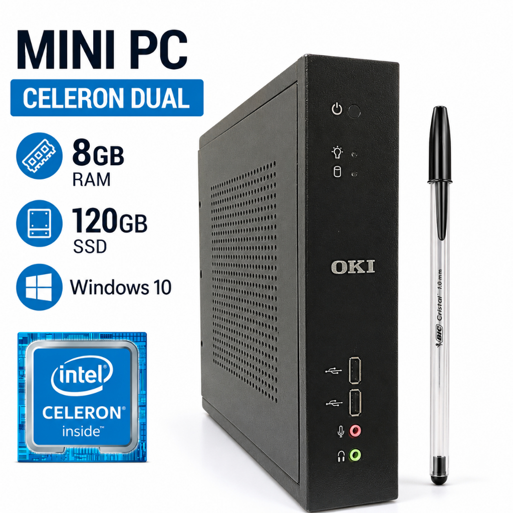 Mini PC OKI Brasil Intel Celeron J1800 2.41GHz 8GB SSD 120GB Windows 10 Pronto para Uso - PFV / Estudos / Trabalho - 004