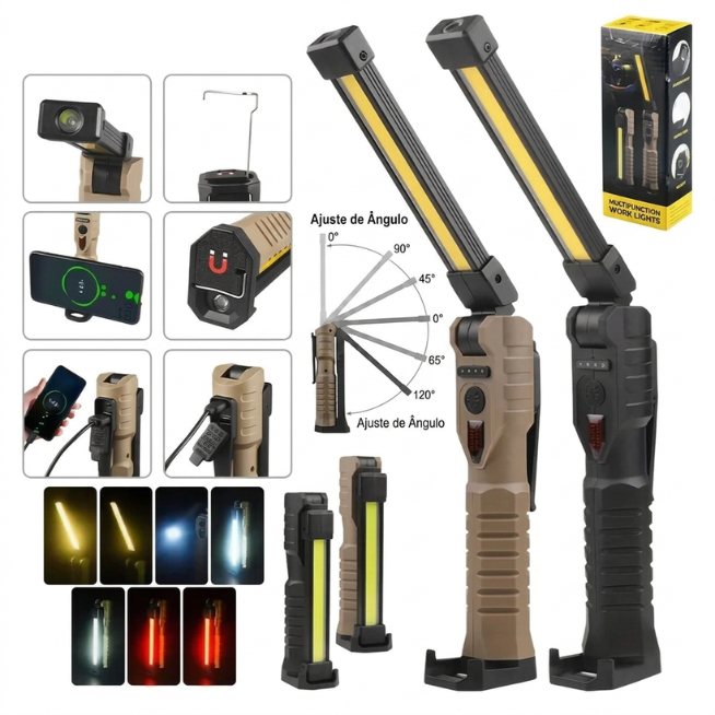 Lanterna Profissional de Trabaho Recarregavel Led Com Imã 90 Grau Articulado Luz Para Camping Pesca