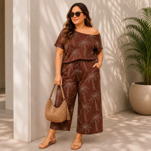 Conjunto Pantacourt Plus Size Feminino Estampado Casual Blusa Ombro a Ombro Calça Pantacourt Confortável Estiloso