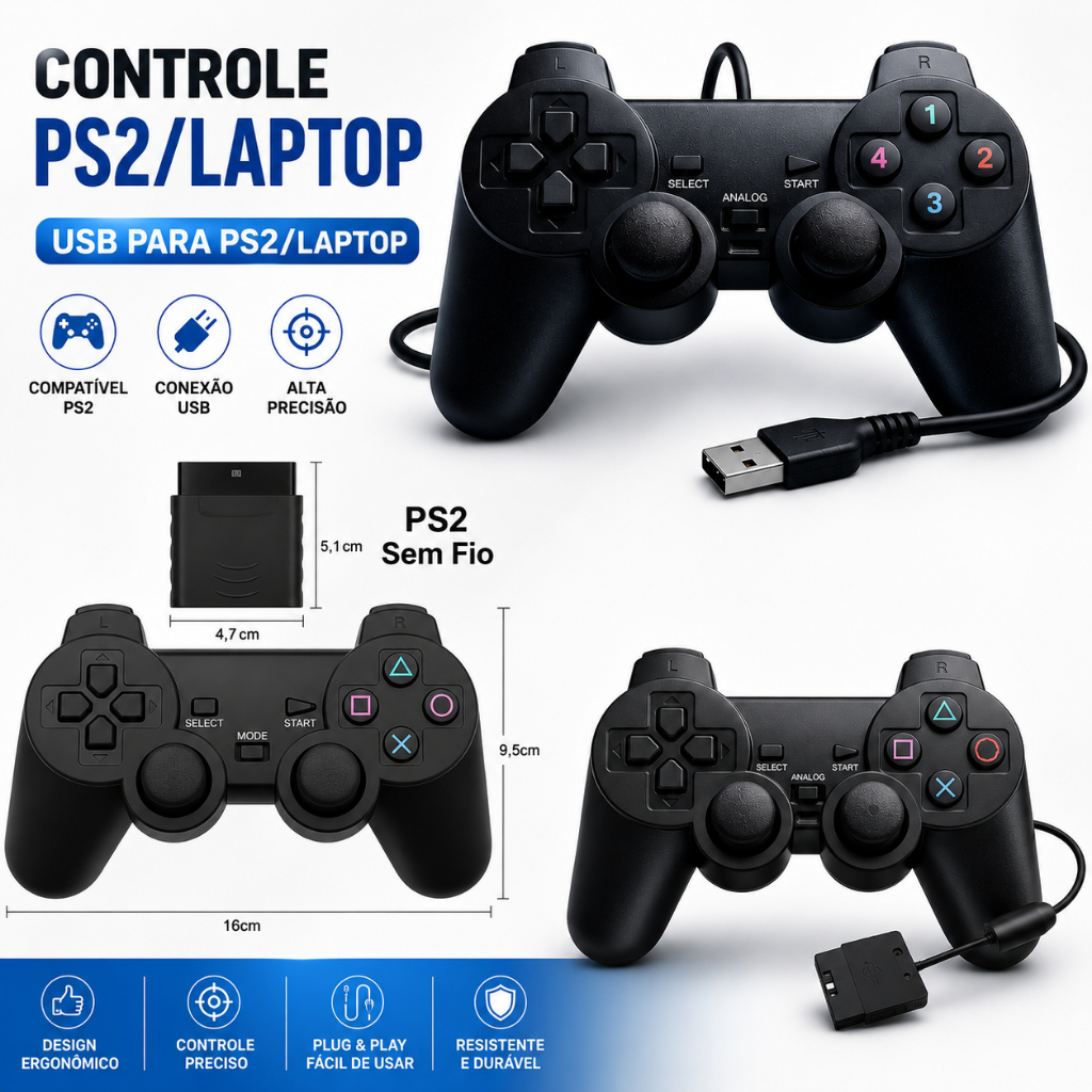 Controle  Sem/Com Fio para  PS2/Laptop USB Cor Preto