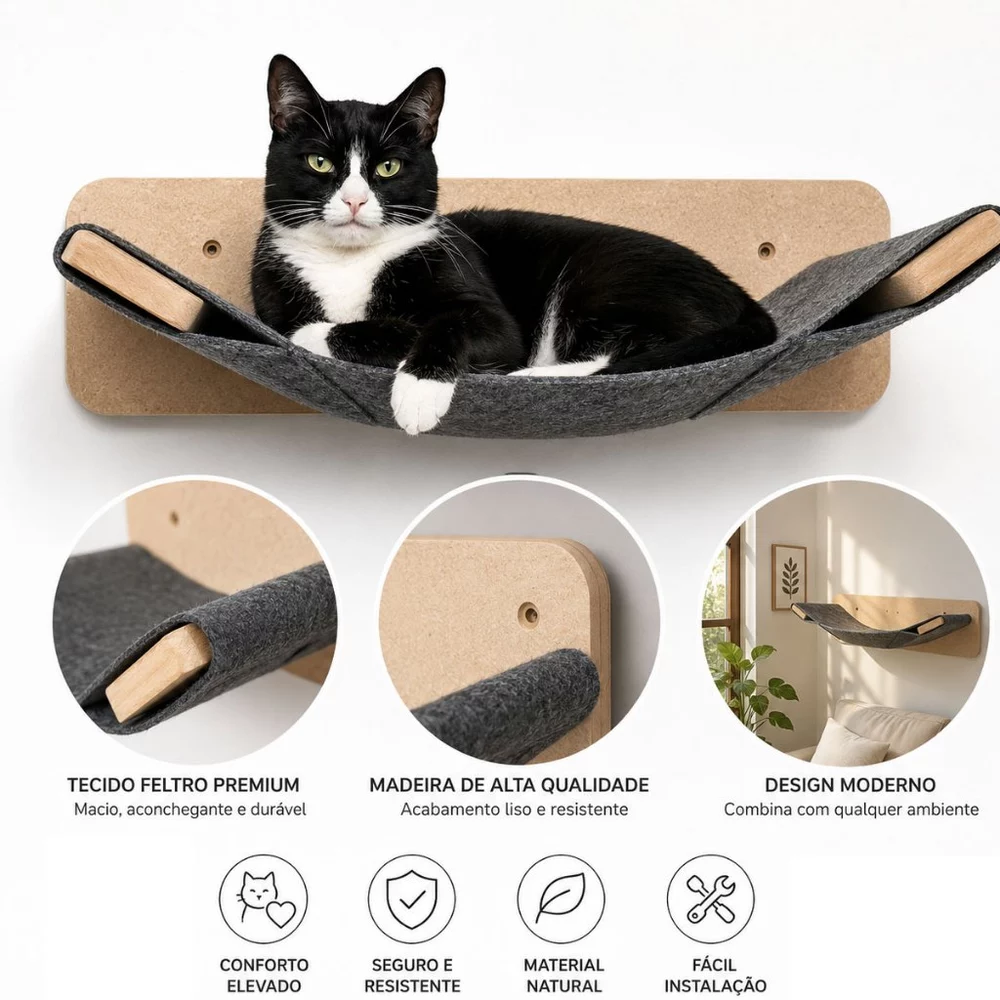 Caminha Suspensa Para Gatos Com Rede MDF Reforçado 15mm Cama De Parede Resistente Confortável