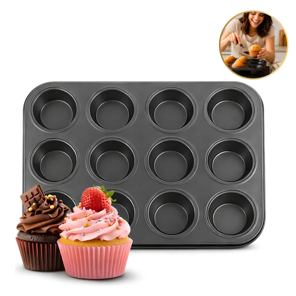 Forma Cupcake Antiaderente Teflon Pão de Queijo Empadas Muffins Assadeira 12 Cavidades