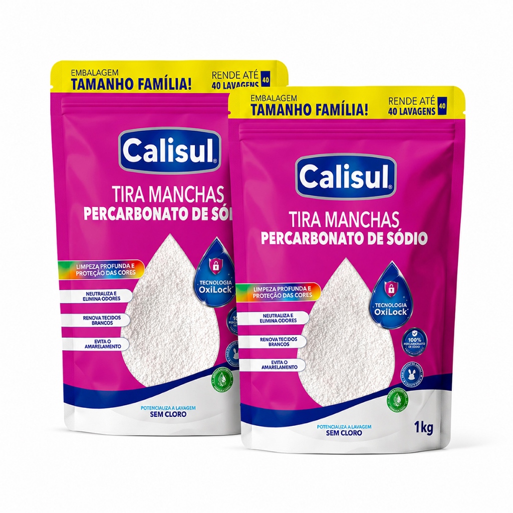 Kit 2un. Percarbonato de Sódio 1Kg Tira Manchas Oxigênio Ativo Calisul Clareador de Roupas Branco e Coloridas